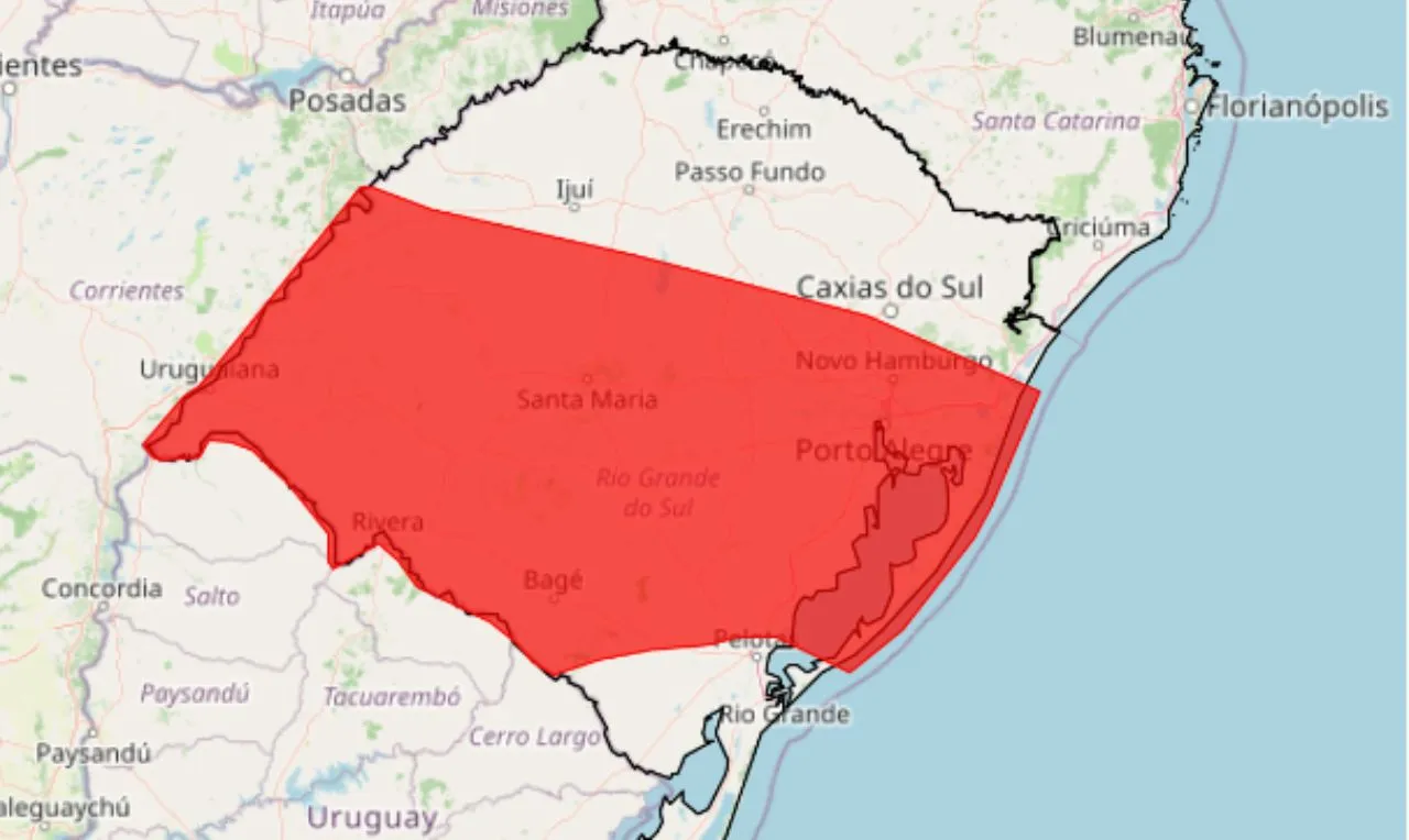 A imagem mostra &aacute;rea de perigo para chuvas em parte do estado do Rio Grande do Sul